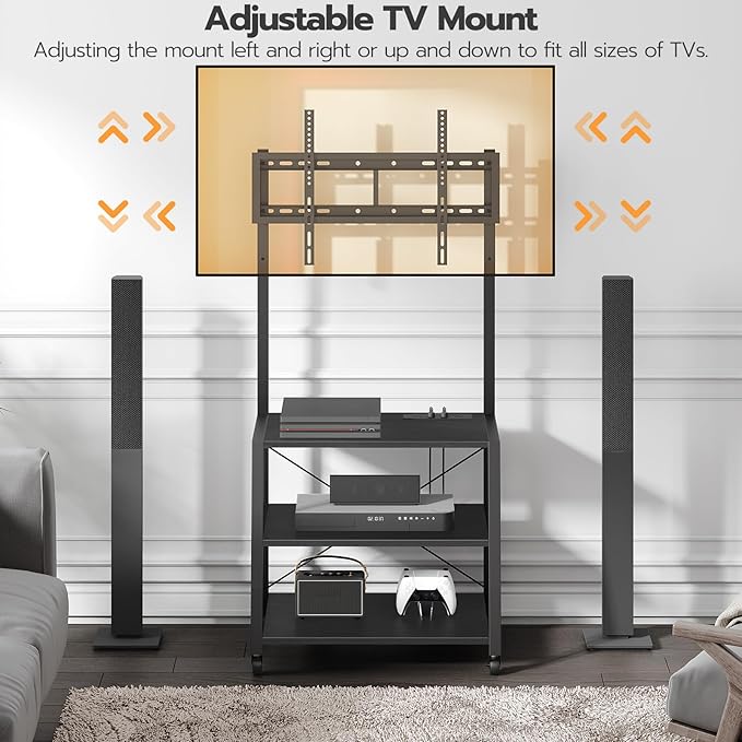 HOOBRO Rolling TV Stand with Mount and Power Outlet Up to 55 inch TVs, Corner Entertainment Center, Small TV Stand with 3-Tier Storage Shelves for Living Room, Bedroom, Black BB66UDS01