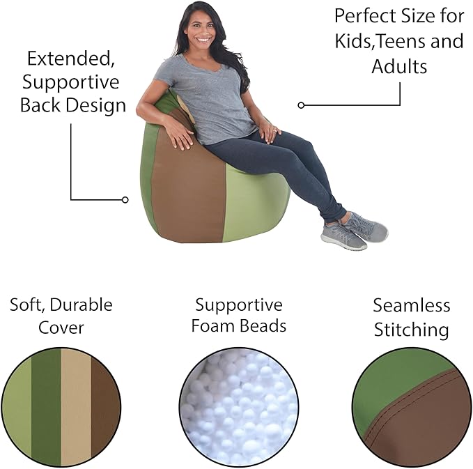 FDP SoftScape Dew Drop Bean Bag Chair with Supportive High-Back Design, For Kids, Teens and Adults, Alternative Seating for Dorms, Schools, Libraries, Daycares or Home - Earthtone