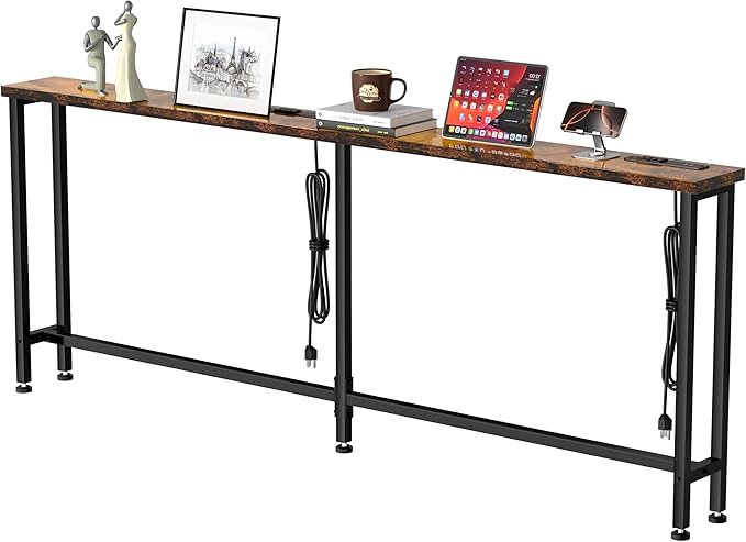 GRLEAF 78" Sofa Table with Built-in Power Strip (4 AC Outlets & 4 USB Ports) – 4.9ft Power Cord, Metal Frame, Easy Assembly, Long Couch Table Behind Sofa, Living Room and Home Office | Rustic Brown