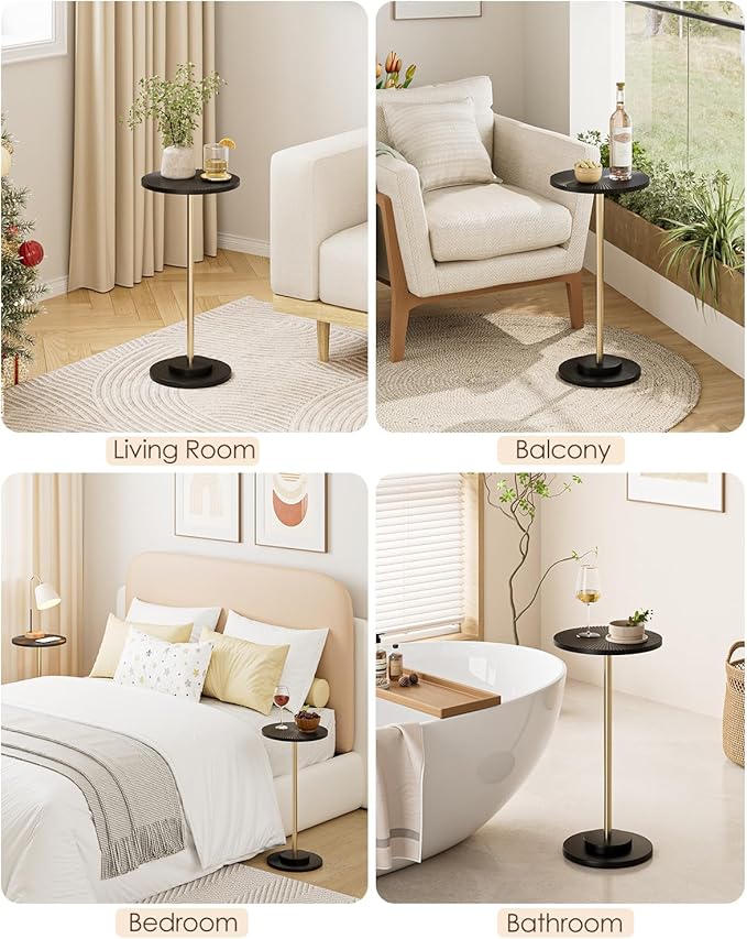 Round Side Table, Small Drink Table for Small Spaces, Modern Accent End Table Coffee Table with Metal Leg for Living Room, Bedroom, Corners, and Office (Black Gold)