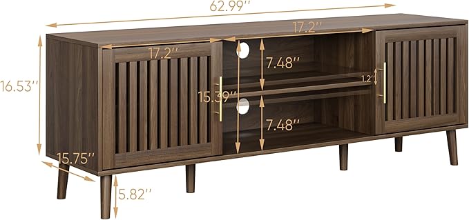 Smuxee Walnut TV Stand with Grille Striped Design, 62.99" Mid Century Modern TV Media Console for TVs up to 70", TV Cabinet with Adjustable Shelf & 2 Cabinets for Living Room