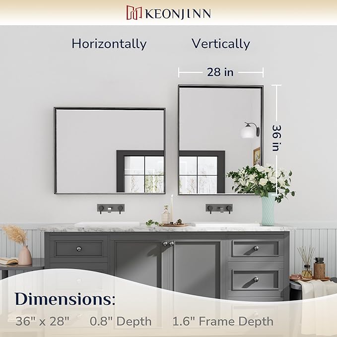Keonjinn Black Bathroom Vanity Mirror 28 x 36 Inch Rectangle Wall Mirror Metal Framed Farmhouse Mirror Brushed Square Corner Bathroom Mirror for Over Sink, Modern Black Mirror(Horizontal/Vertical)