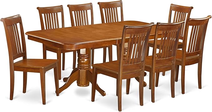East West Furniture NAPO9-SBR-W 9 Piece Kitchen Table Set Includes a Rectangle Dining Table with Butterfly Leaf and 8 Dining Room Chairs, 40x78 Inch, Saddle Brown