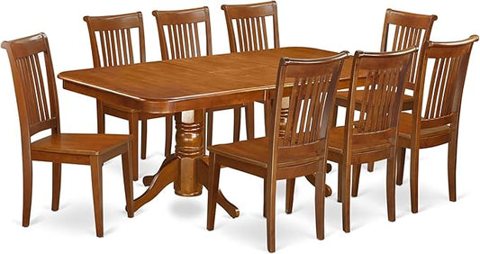 East West Furniture NAPO9-SBR-W 9 Piece Kitchen Table Set Includes a Rectangle Dining Table with Butterfly Leaf and 8 Dining Room Chairs, 40x78 Inch, Saddle Brown