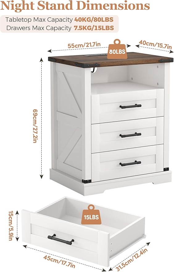 Night Stand with Charging Station 22" Large Farmhouse Nightstands with 3 Drawers and Open Storage Smart Bedside Table with Human Sensor LED Light End Tables for Bedroom Living Room White