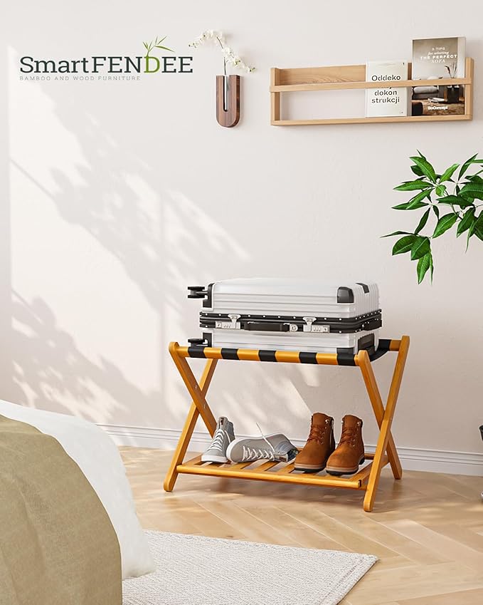 Pack of 2 Fully Assembled Bamboo Luggage Racks with Shoe Shelf, 5 Heavy-Duty Straps Folding Suitcase Stand, Luggage Holders for Guest Room Must Haves, Ideal for Bedroom, Hotel, Honey Oak