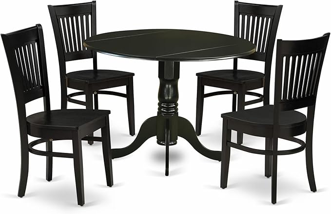 East West Furniture DLVA5-BLK-W 5 Piece Dining Set Includes a Round Dining Room Table with Dropleaf and 4 Kitchen Chairs, 42x42 Inch, Black