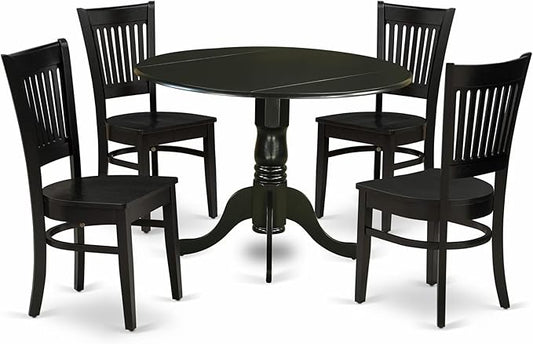 East West Furniture DLVA5-BLK-W 5 Piece Dining Set Includes a Round Dining Room Table with Dropleaf and 4 Kitchen Chairs, 42x42 Inch, Black