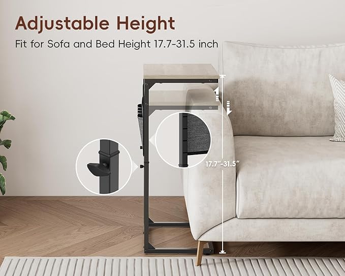Vagusicc C-Shaped End Table Set of 2 with Charging Station, Small Side Table for Couch, Adjustable Height Couch Side Table, Slide Under Sofa Table TV Tray Tables for Living Room, Bedroom,Bedside, Gray