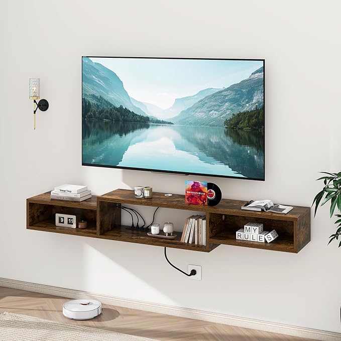 IBUYKE 71" Floating TV Stand Wall Mounted with Power Outlet,Wood Wall Mounted Media Console Shelf,Floating Entertainment Center for Under TV Storage for Living Room Bedroom Office,Rustic Brown WST008H
