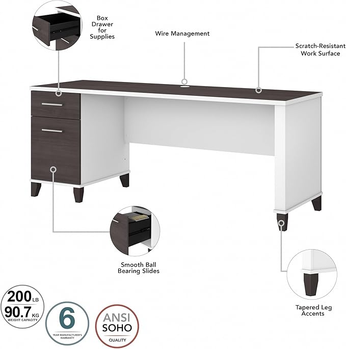 Bush Furniture Somerset 72W 3 Position Sit to Stand L Shaped Desk with Hutch in White and Storm Gray