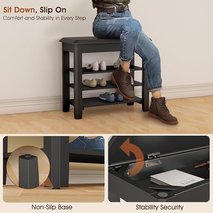 Shoe Rack Bench Seat Rubberwood 3-Tier Wooden Storage Bench 550lbs Compact Mid-Century Modern Design for Entryway, Hallway, Closet, Front Door Entrance, Foyer