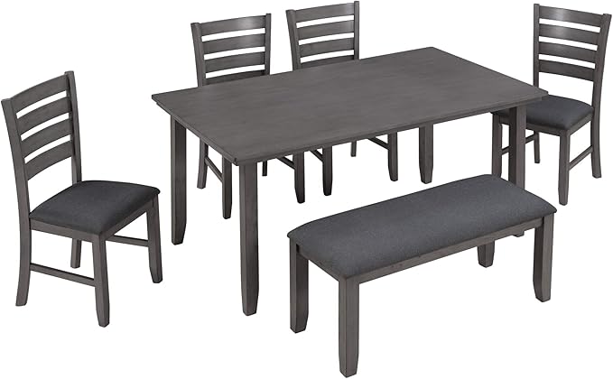SogesPower 6-Piece Rustic Dining Table Set for 4-6,Rectangular Farmhouse Kitchen Table Set with 4 Chairs & 1 Bench for Dining Room Living Room,Gray