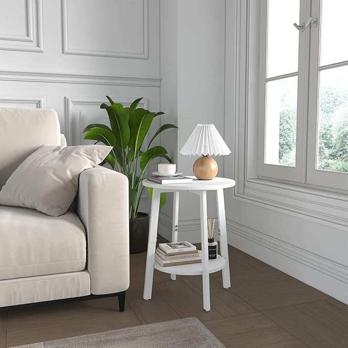 Side Table Set of 2, Small Round End Table with Storage Shelf for Small Space, 2-Tier Bedside Table, Nighstands Set of 2 Accent Table for Living Room, Bedroom, White