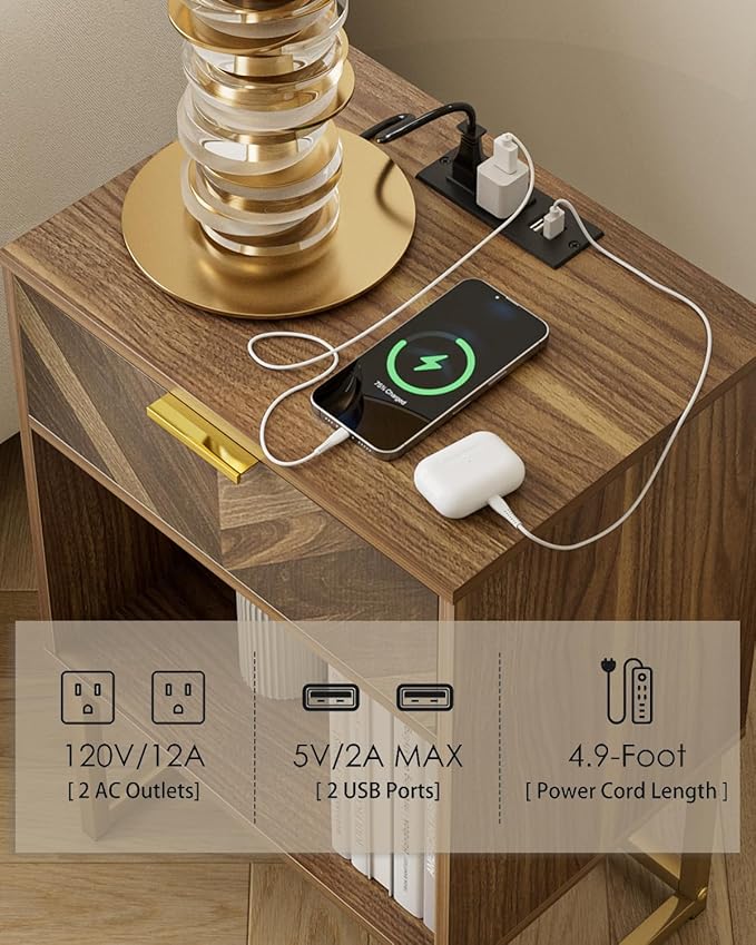 Nightstand with Charging Station, Boho Night Stand Wood Farmhouse Bedside Table with Storage, End Side Accent Table Walnut