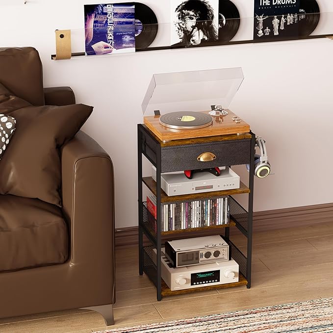 4-Tier AV Media Stand with Drawer, Video Game Console Shelf with 2 Hooks, Audio Rack Tower Perfect for/Xbox/ PS5/Switch/Game Consoles/DVD/Record Player/Projector/Sky Box/TV Accessories