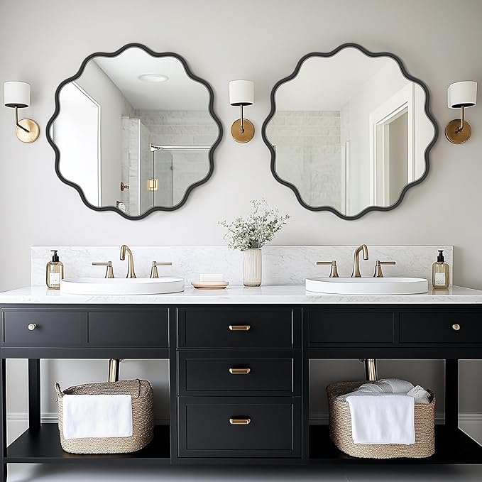 PROHOMEWARE Black Round Mirror 30 Inch Wavy Bathroom Vanity Mirror Black Frame Modern Wall Mirror Decorative Wall-Mounte Anti-Rust, Tempered Glass