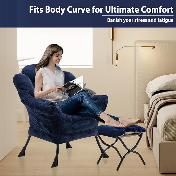 Lazy Chair with Folding Ottoman, Accent Chair Plush Upholstered with Metal Structure and Non-Slip Pads, Sofa Armchair with Footrest and Side Storage Bag for Dorm, Room, Office, Navy Blue
