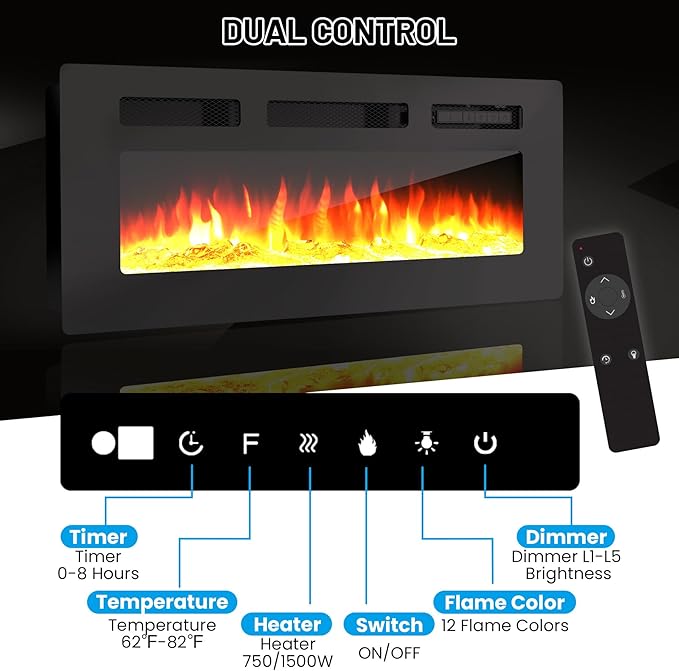 70'' Fireplace TV Stand with 36'' Firplace, Entertainment Center, 2 Tier TV Console Cabinet with Storage Cabinet, Electric Fireplace Heater with 12 Frame and LED Light Colors, Black