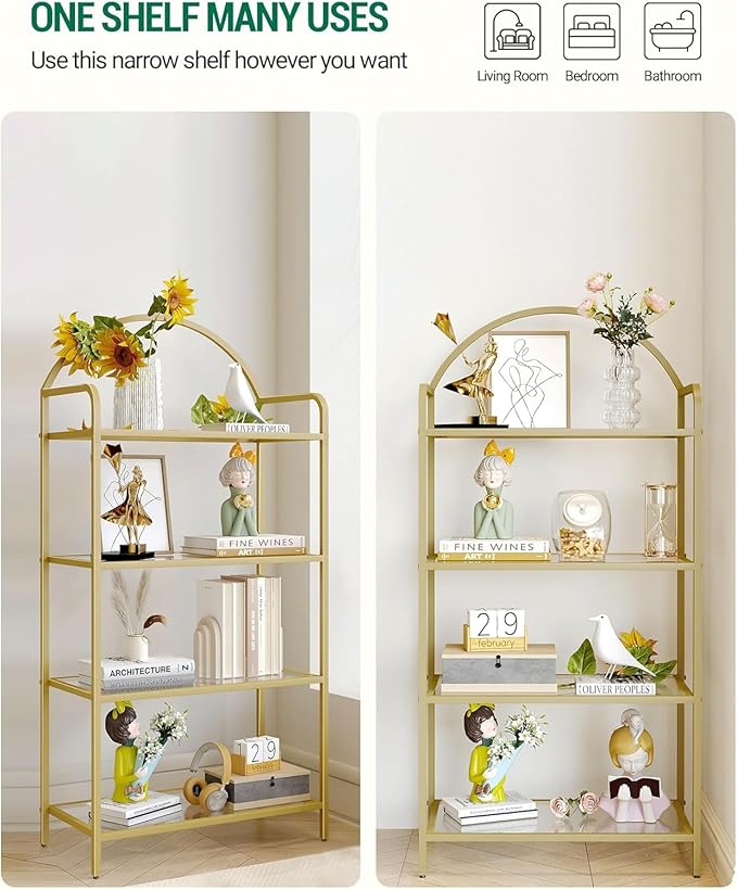 Bookcase Bookshelf, Tempered Glass Bookshelves, Slim Shelving Unit for Bedroom, Bathroom, Home Office, Steel Frame, 4 Tier Gold BC21499G