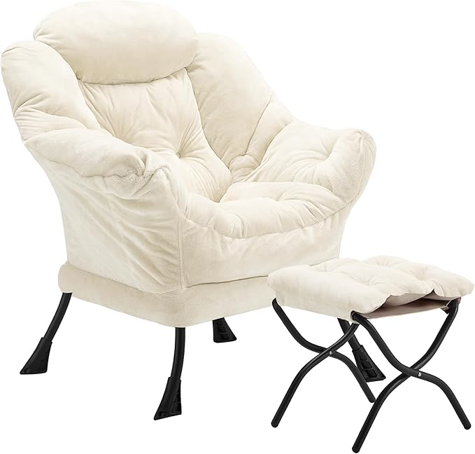 Lazy Chair with Folding Ottoman, Accent Chair Plush Upholstered with Metal Structure and Non-Slip Pads, Sofa Armchair with Footrest and Side Storage Bag for Dorm, Room, Office, Beige