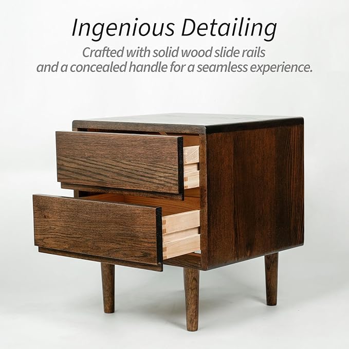 Night Stand, Mid Century Modern Nightstand w/2 Drawers, Boho Small Bedside Table, Oak Solid Wood, 17.72 W x 15.75 D x 19.69 H Inches (Walnut, Double Drawer)