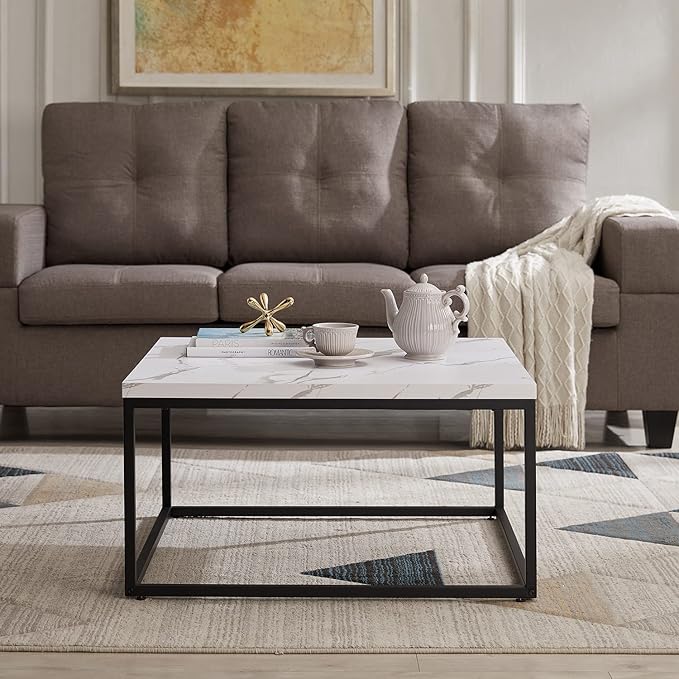 CENSI 30"x30" Marble Accent Coffee Table Ottoman for Living Room, Modern Industrial Style, 1.2" Extra Thick Tabletop (White Marble)