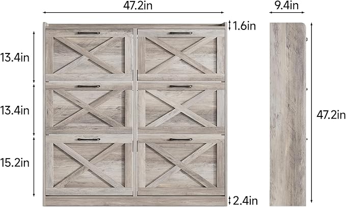 Maupvit Large Shoe Storage Cabinet with 6 Flip Drawers, Freestanding Shoe Organizer with Metal Handles for Entryway, Narrow Shoe Rack Cabinet, Washed Gray