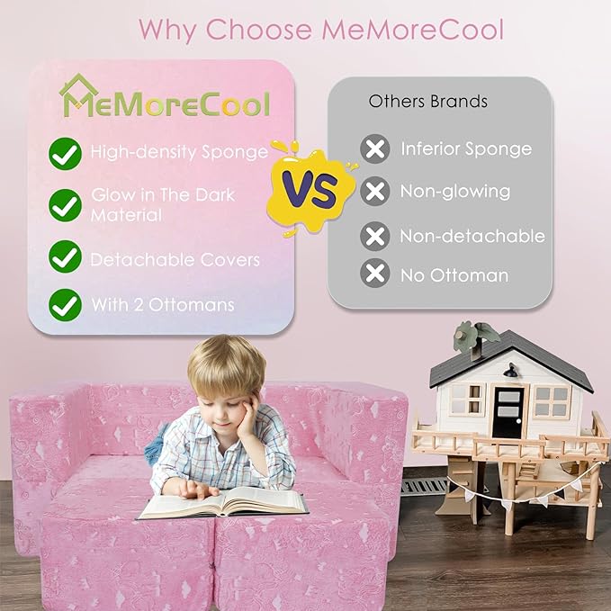 MeMoreCool Glow-in-The-Dark Unicorn Kids Modular Play Couch Sofa – Convertible Fold-Out Plush Foam Toddler Chair for Children’s Playroom