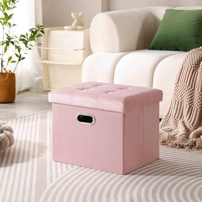 PRANDOM Ottoman with Storage [1-Pack] Velvet Folding Small Square Foot Stool with Lid for Living Room Bedroom Coffee Table Dorm Pink 17x13x13 inches
