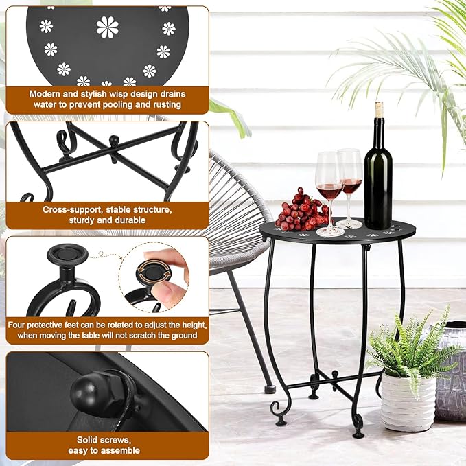 2 Pack Outdoor Side Tables for Patio, Weather Resistant Steel Patio Side Table, Small Round Outdoor End Table Metal Side Table for Patio Yard Balcony Garden Black (Petal)