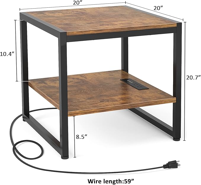 Homieasy End Table with Charging Station, 20 Inch Mini Fridge Stand with 2-Tier Open Shelf, Square Bedside Nightstand & Sofa Side Table for Living Room, Dorm, Office,Rustic Brown
