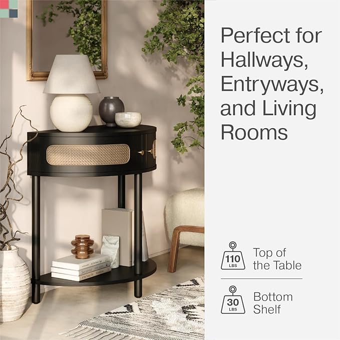 Entryway Table Rattan Half-Moon Console - Semicircular Black Oak & Natural Cane with Brass Knobs - Console Table with Storage & Narrow Curved Design for Entryway & Living Room Decor