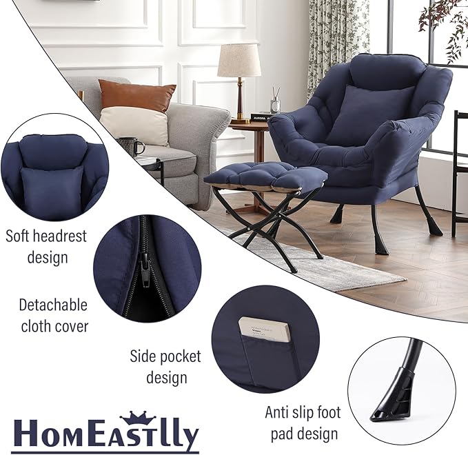 Large Lazy Chair with Ottoman, Accent Reading Chair with a Throw Pillow, Cozy Lounge Chair with Armrest, Leisure Sofa Chair for Living Room, Bedroom, Dorm, Peach Navy