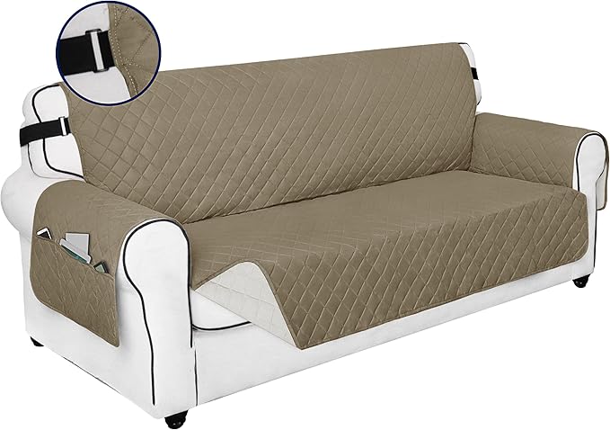 PureFit Reversible Sofa Couch Cover Water Resistant Couch Covers for 3 Cushion, Washable Furniture Cover with Non-Slip Foam and Adjustable Strap for Dogs, Pets (Oversized Sofa, Beige/Ivory)