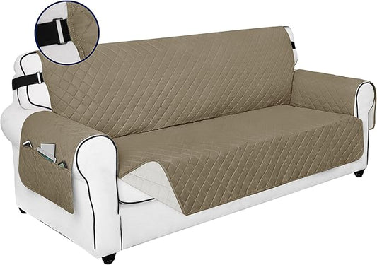 PureFit Reversible Sofa Couch Cover Water Resistant Couch Covers for 3 Cushion, Washable Furniture Cover with Non-Slip Foam and Adjustable Strap for Dogs, Pets (Oversized Sofa, Beige/Ivory)