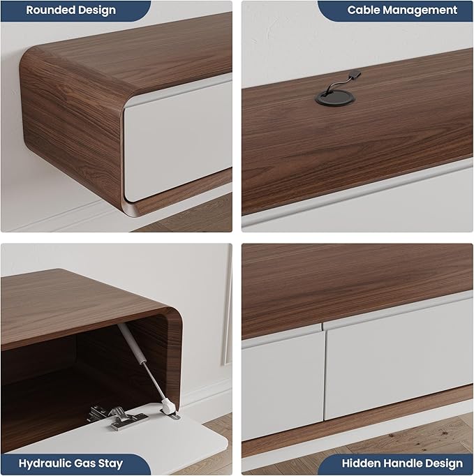 POVISON Fully-Assembled Minimalist Floating TV Stand, Modern Wall-Mounted Entertainment Center with 4 Flip-Down Cabinet Doors, Solid Wood, Walnut Veneer & White, 94"