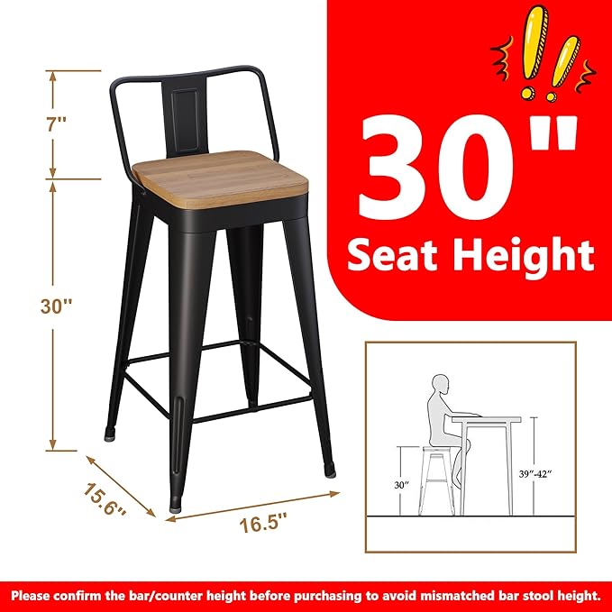 WENTMENT Bar Stools Set of 2 Counter Height Metal Barstools with Removable Back 30" Kitchen Bar Stools with Wooden Seat, Black