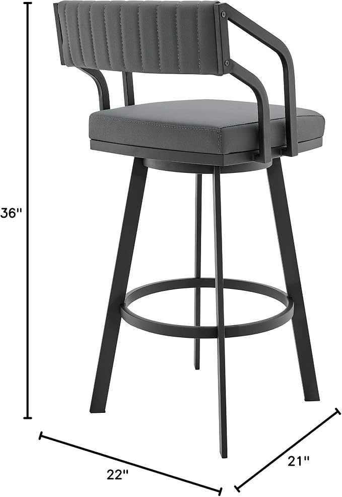 Armen Living Scranton Modern 26" Seat Height Gray Faux Leather and Black Steel Metal Swivel Bar Stool for Kitchen Island Counter