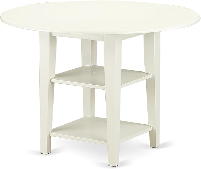 East West Furniture SUAV5-LWH-W 5 Piece Dining Table Set for 4 Includes a Round Kitchen Table with Dropleaf & Shelves and 4 Kitchen Dining Chairs, 42x42 Inch, Linen White