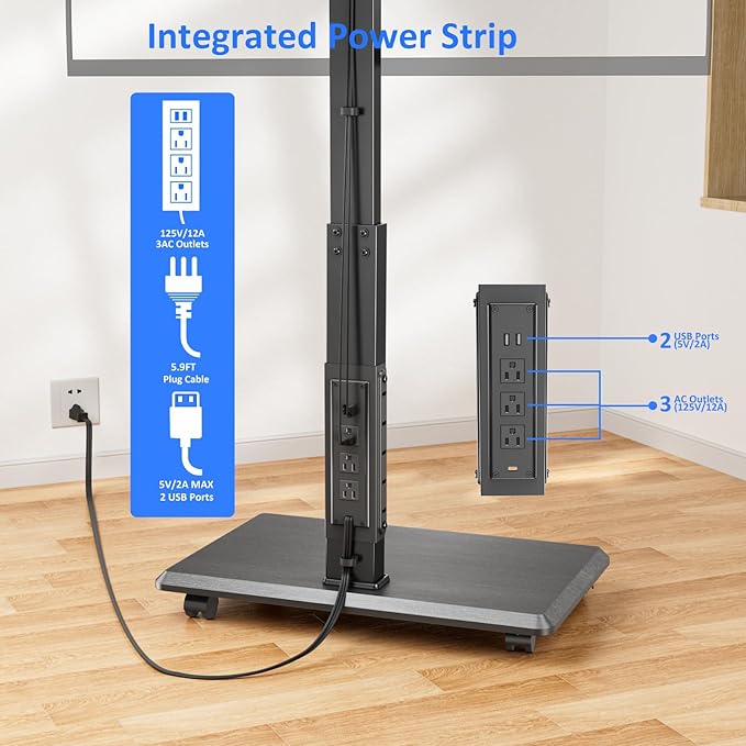 Rolling TV Stand with Power Outlet, Mobile TV Stand for 32-75 Inch TVs up to 110 lbs, 30° Swivel TV Floor Stand, 18 Adjustable Heights, TV Cart on Wheels for Bedroom, Office, Outdoor, Black