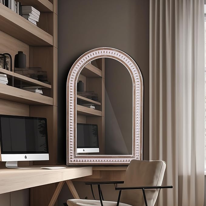 36x24 Boho Wooden Arched Wall Mirror with Beaded, Rustic Farmhouse Decorative Arch Mirrors for Bathroom Vanity, Living Room, Entryway, or Foyer