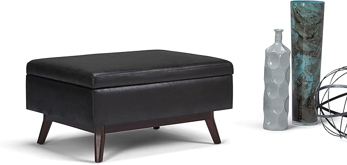 SIMPLIHOME Owen 34 inch Wide Mid Century Modern Rectangle Coffee Table Storage Ottoman in Distressed Black Vegan Faux Leather, Assembled, for the Living Room, Entryway and Family Room