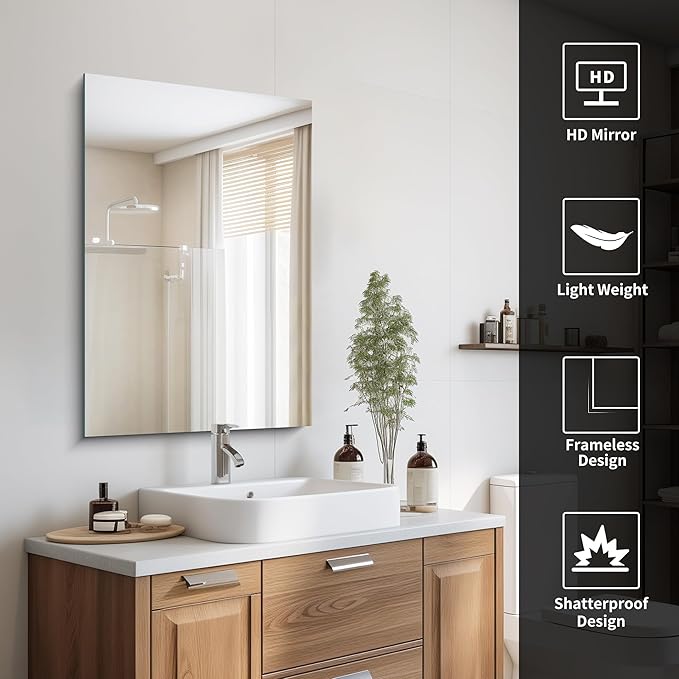 Frameless Mirror, 24x36 Inch Bathroom Mirror for Wall, Rectangle Bathroom Vanity Mirrors with Polished Edge, Hangs Horizontally or Vertically for Bathroom, Bedroom and Living Room