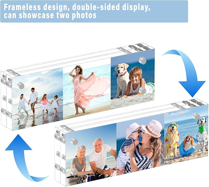 HELPLEX Acrylic Frame, 3 Pack 2x6 Acrylic Picture Frames, 20mm Thicker Frameless Clear Frame Double Sided Magnetic Frame, Free Standing Desktop Display Stand Acrylic Frames, 2x6(3 PACK)
