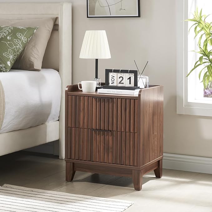 Wnutrees Fluted Nightstand with Charging Station, Modern Bedside Table with 2 Drawers, Farmhouse Wooden End Side Table for Living Room, 2Pack, Brown