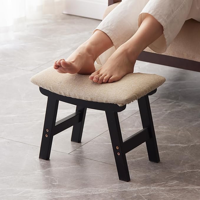 Foot Stool,Ottoman,Bamboo Small Sofa Foot Rest Under Desk,Extra Seating for Living Room, Bedroom and Kitchen (Black Stool Legs - Beige Surface)