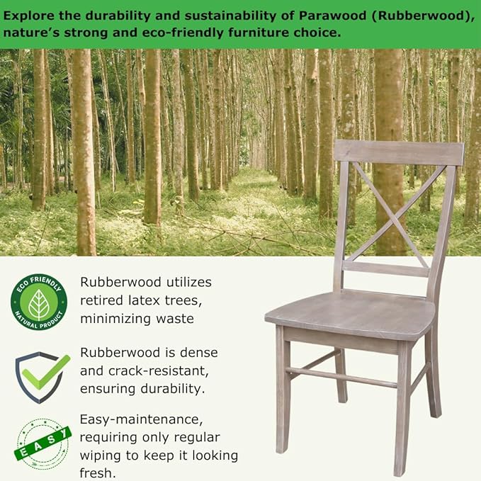 X-Back Dining Chairs Set of 2 Washed Gray Taupe Solid Wood Parawood Construction, Stylish and Comfortable Chairs for Kitchen/Dining, 18.9"W x 22.2"D x 36.9"H, 225 lb Weight Capacity