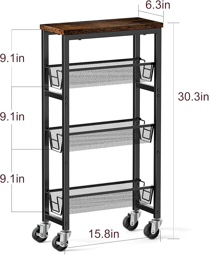 Honest Slim Storage Cart 4-Tier Slim Rolling Cart with Metal Frame and Wooden Top, 6.3 Inches, Storage Cart for Kitchen, Dining Room, Living Room, Bathroom, Home Office, Rustic Brown and Black