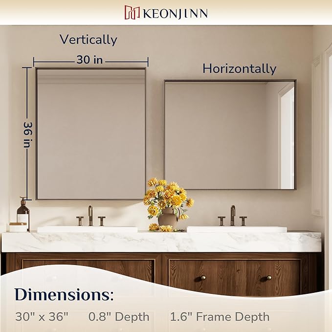 Keonjinn 30 x 36 Inch Brushed Bronze Bathroom Mirror, Metal Framed Rectangular Vanity Mirror for Wall, Square Corner, Modern Farmhouse, Rectangle Bathroom Mirrors for Over Sink(Horizontal/Vertical)